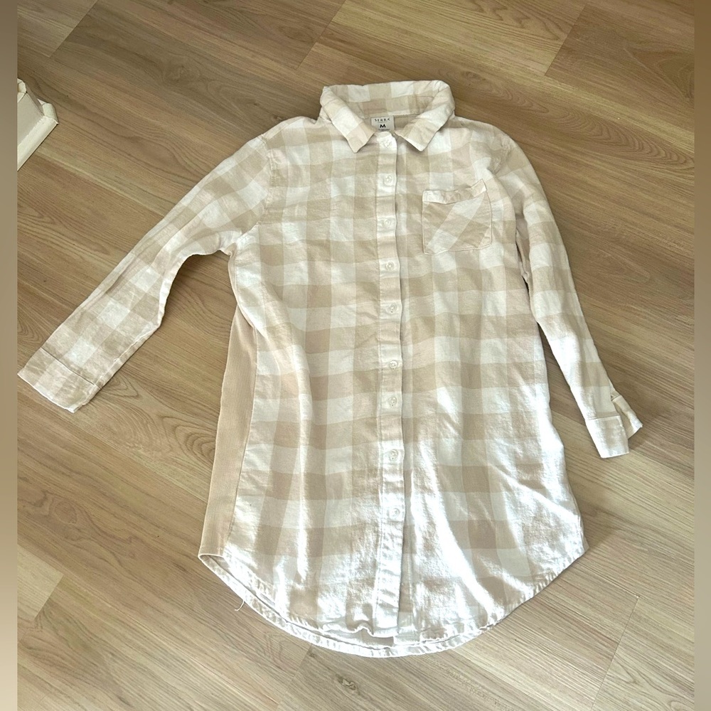 Buffalo Check Cotton LS Flannel Nightshirt M Tan/Ivory Shirt  Lightweight Lounge